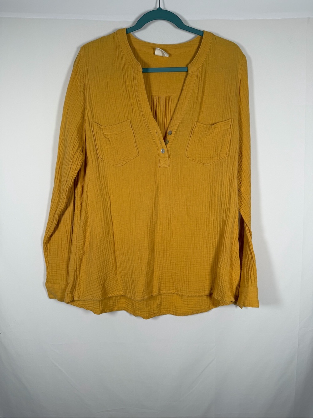 Mustard Long-Sleeve Henley Tunic Cotton Gauze Top